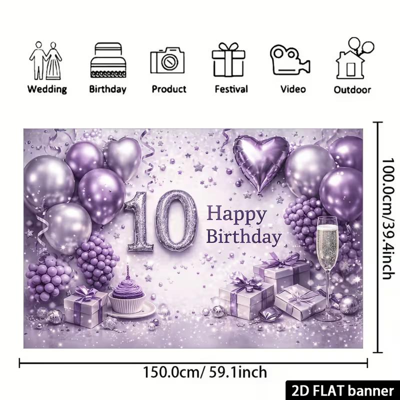 2D 10. Geburtstag Lila Silber Hintergrund Glitzer Ballon Cupcake Foto Banner