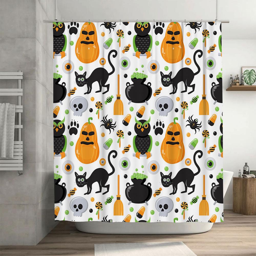 Halloween-themed shower curtain with pumpkin, cat, witch hat, skull design, suitable for home bathroom decoration white size 180