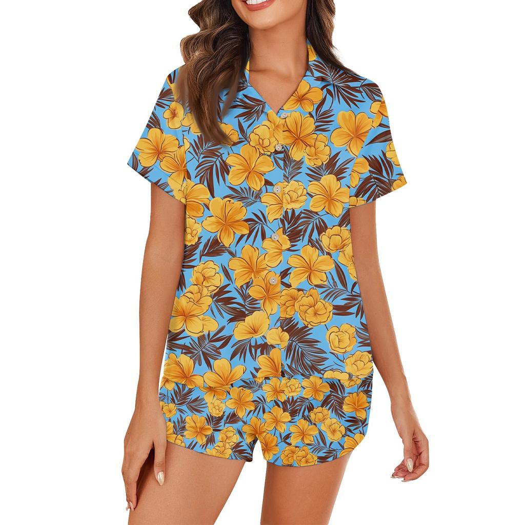 Women's Ice Silk Pajamas Button Homewear Hawaiian Print Short Sleeve Satin Pajama Set