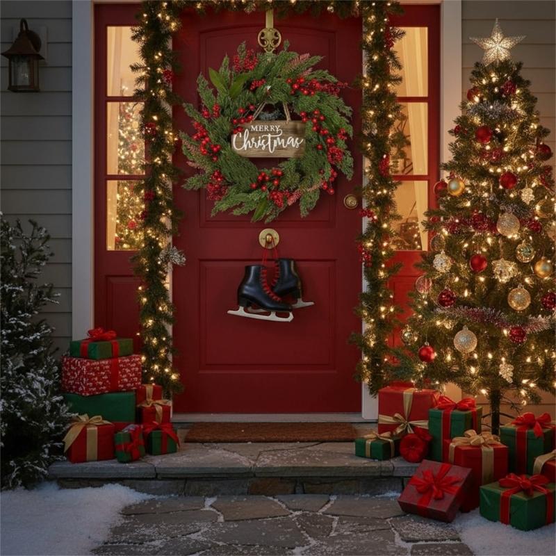 Pine Needle and Berries Door Wreath For Christmas New Year Indoor Outdoor Decorations Easy To Hanging Window Accessory