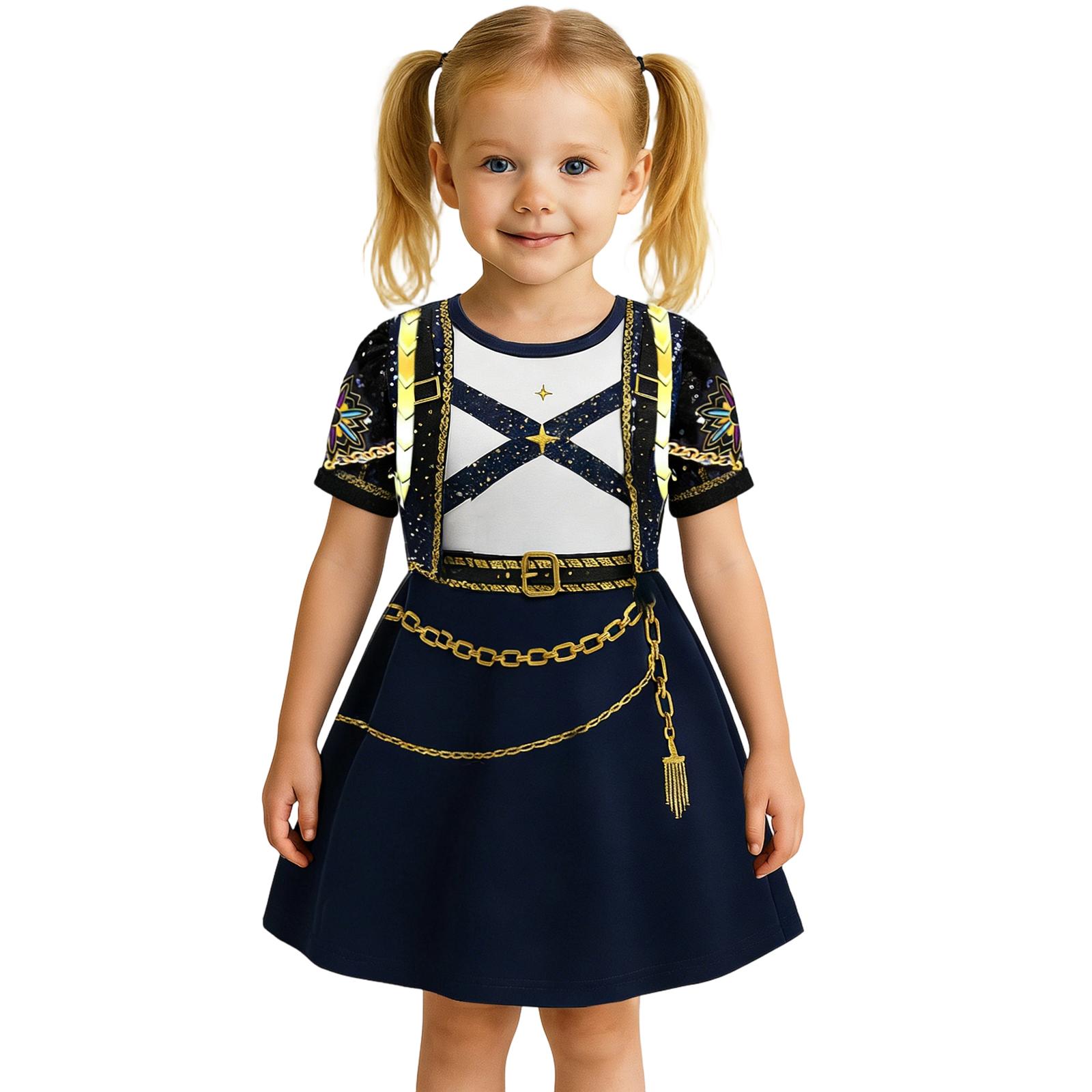 Kids Girls Casual Daily Dress Cute Cartoon Print Short Sleeves Dance Wear Princess Dress 2-12 Years 100 тёмно-синий