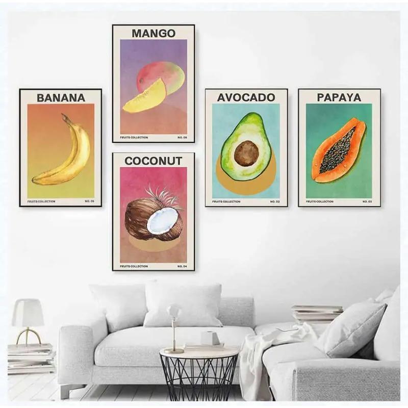 Affiche de Fruits et Légumes Tropicaux Style Midcentury Modern Avocat Banane Ail Oignon Art Mural Végétarien Décoration Murale Cuisine Maison