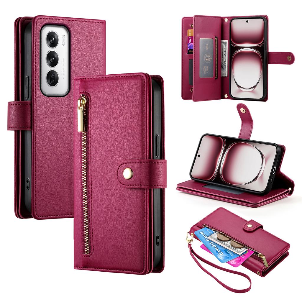 DF-011 For Oppo Reno12 5G (Global) Case Zipper Pocket Wallet Leather Phone Cover with Straps