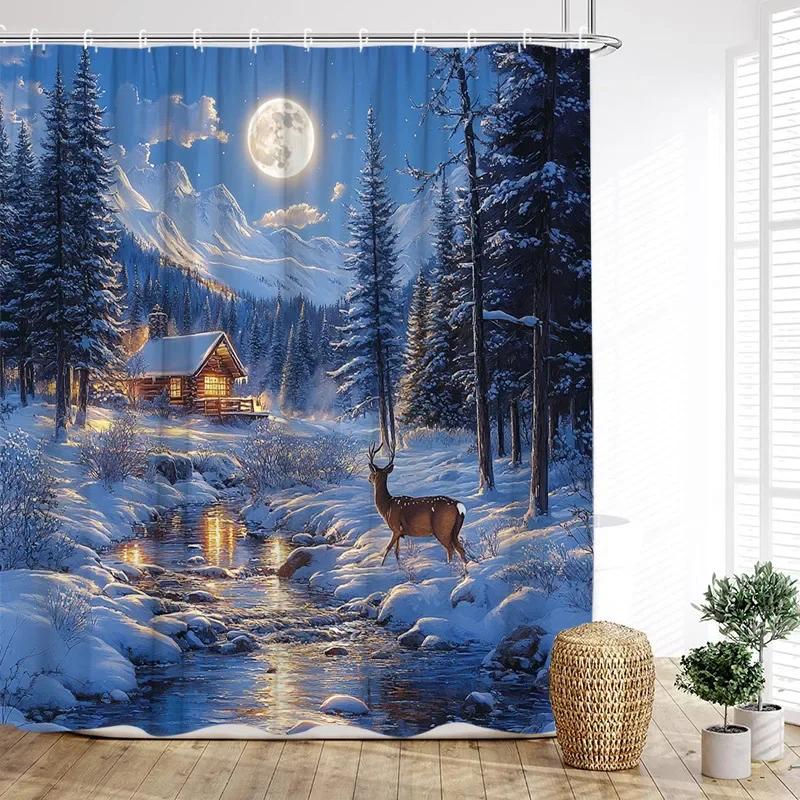 Christmas Reindeer Shower Curtain Winter Xmas Trees Full Moon Moose New Year Home Bathroom Decoration Bath Curtains