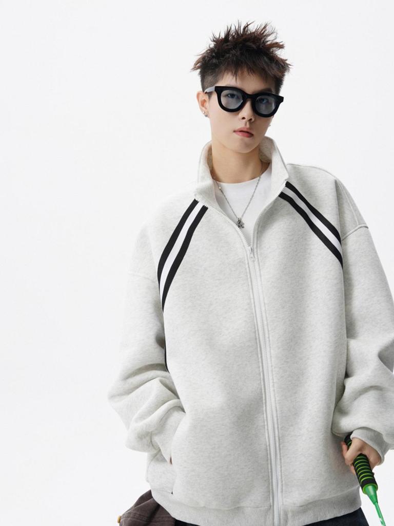 Men's Winter Patchwork Stand Collar Hoodie - Trendy Striped Casual Jacket