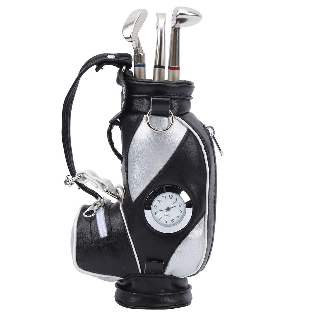 Mini Desktop  Golf Bag Pen Clock  Zinc Alloy PU Leather with Golf Pens Souvenir Set GiftBlack
