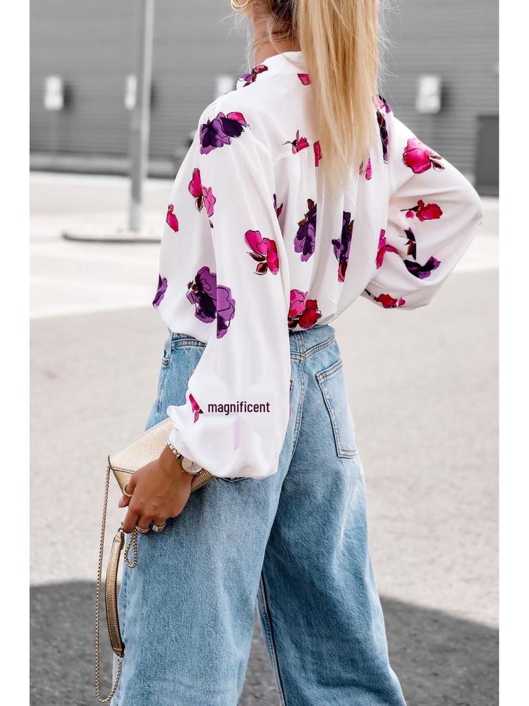 Autumn 2024 Floral Print Stand-up Collar Long Sleeve Shirt for Women - European & American Style