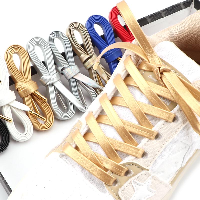 New Gold Silver Flat Rope Shoelace Luxury Faux PU Leather Shoelaces Metal Head Sneakers Casual Shoes Laces 80/100/120/140/160cm
