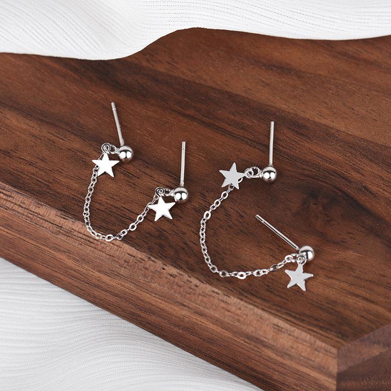 New copper Color Chain Tiny Star Pendants Women's Mini Tassel Earrings Two Studs Punk Personality Ear Decoration Unusual Earring
