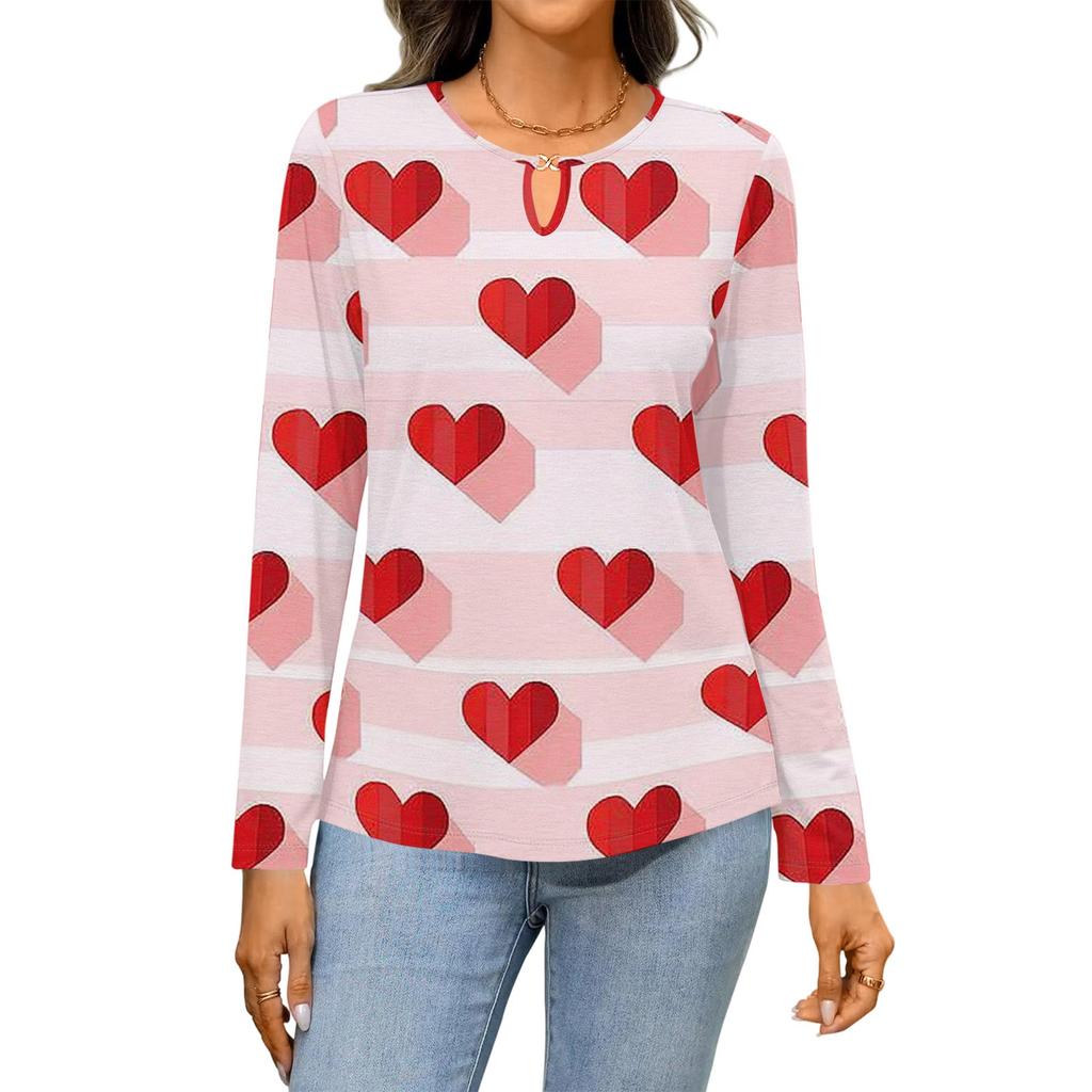 Damen Casual Rundhals Aushöhlung Langarm Valentinstag Herz-Print T-Shirt Top