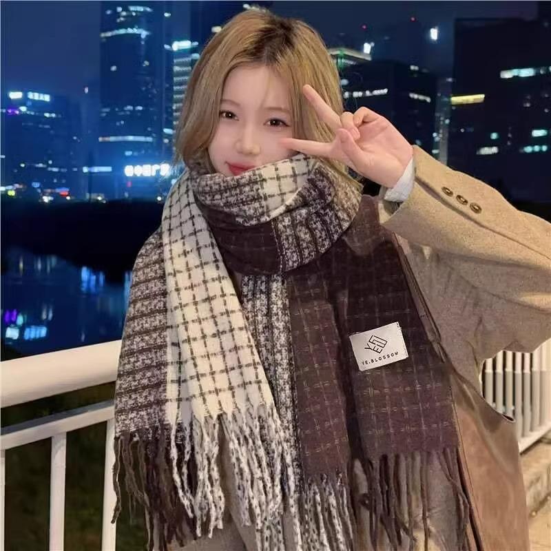 Plaid Scarf Women's Autumn and Winter New Dry Rose Pink Atmosphere Sense Advanced Sense Versatile Thickened Scarf