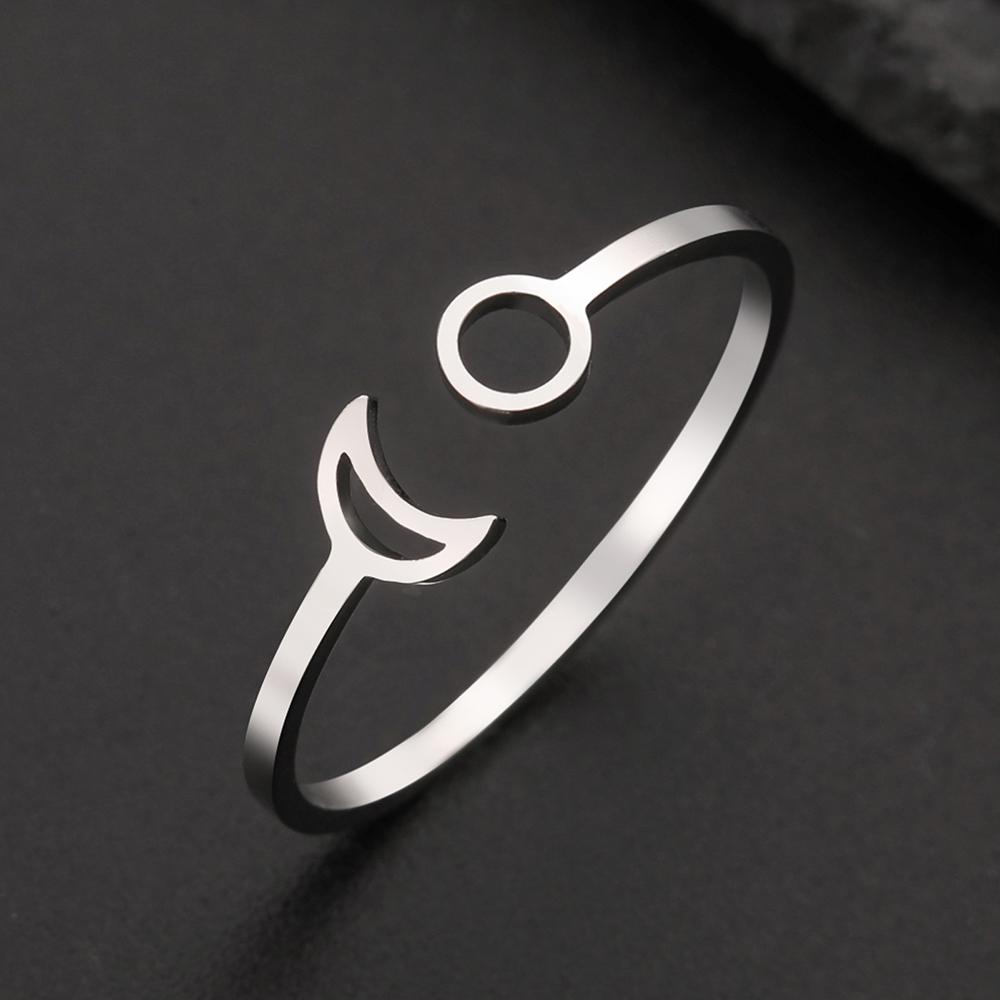 Dawapara Sun and Moon Rings Stainless Steel Cresent Adjustable Ring Stainless Steel Wedding Band Couple Jewelry