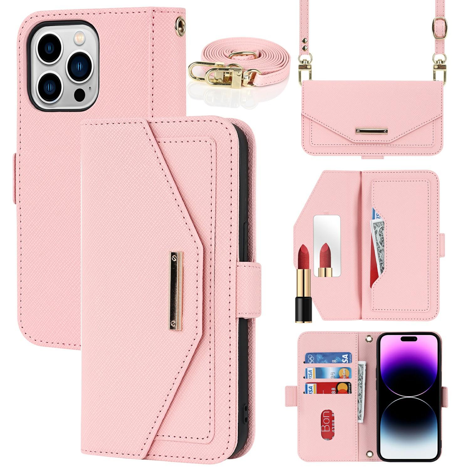 

For iPhone 15 Pro Max Stand Case Cross Texture PU Leather Wallet Phone Cover with Shoulder Strap/Makeup Mirror Pink