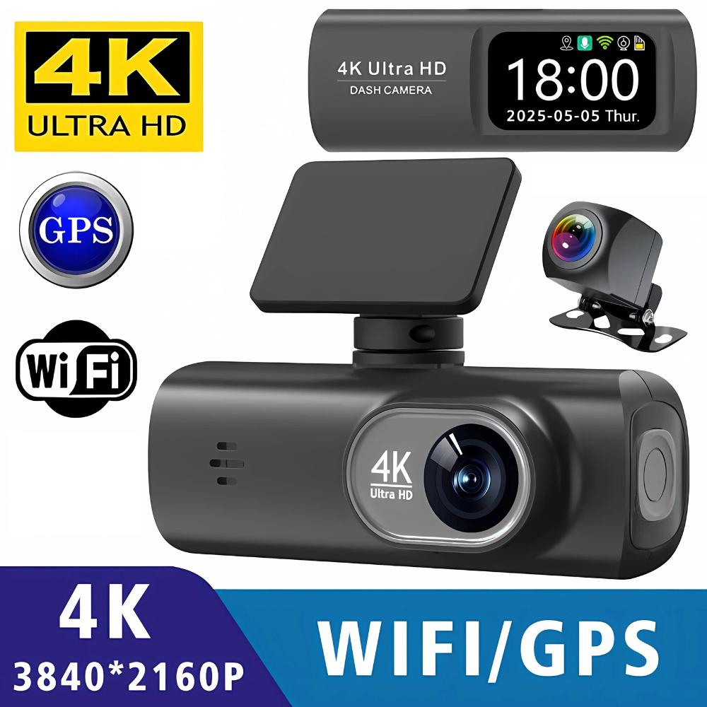 4K Ultra HD Dual Lens Auto Dash Recorder, Super Wide Angle Night Vision, Front Rear Recording with WiFi & Built-in GPS Module