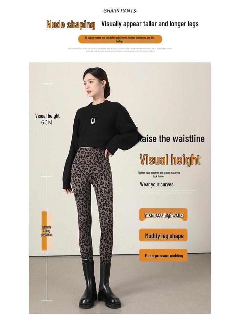 Leggings med hög midja och leopardmönster: Dambyxor för höst/vinter, smalnar av, kontrollerar magen, lyfter rumpan, med plus sammet, för yoga.