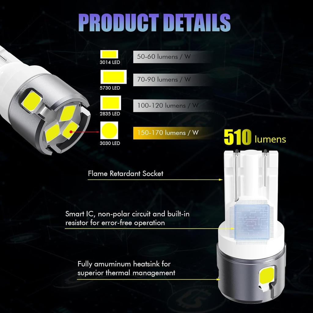 T10 LED Bulbs for Vehicle Map Light 168 194 175 W5W 6-SMD 3030 Chipsets 6000K Super White for License Plate Light Dome Door Courtesy Indicator Side