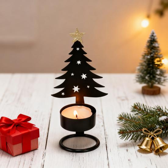 Metal Christmas Tree Candlestick Small Tree Shaped Candle Holder Holiday Tabletop Centerpiece for Home Shelf Fireplace Decor