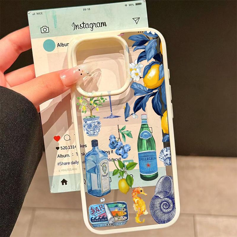 Luxury Seaside Scenery Wine Lemon Phone Case for IPhone 16 15 14 13 12 11 Pro Max 17 AIR X XR XS 8 Plus Cute Clear Hard PC Cover