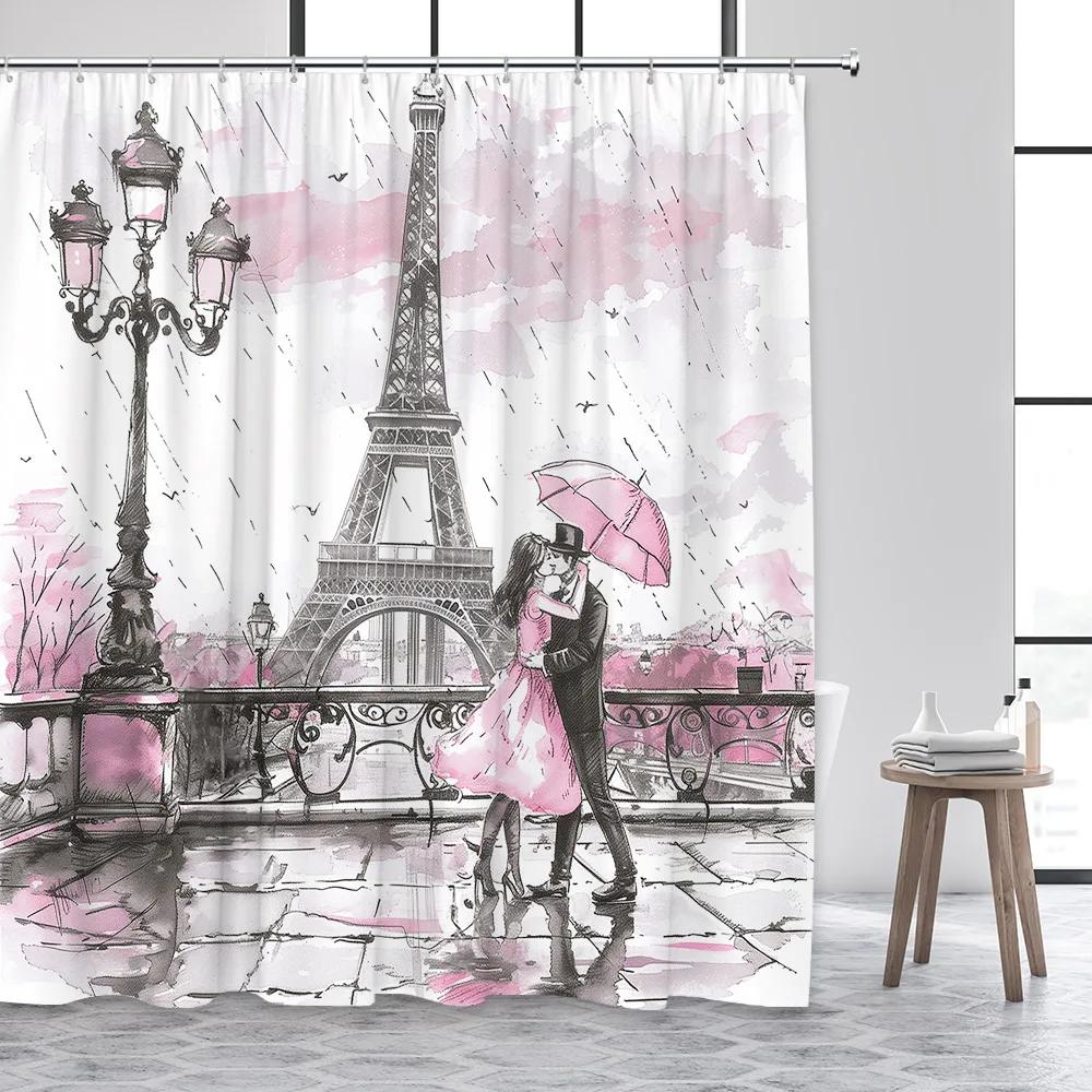 Vintage Paris Tower Shower Curtain Pink Floral Romantic Lovers City Street Scenery Modern Fashion Bathroom Curtains Fabric Decor