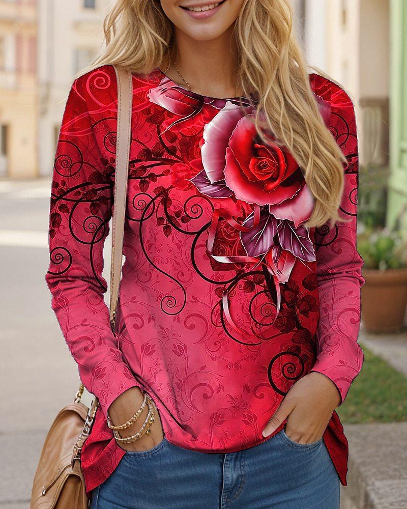 Long Sleeve Floral Pattern Gradient Women T-Shirts Spring Autumn 3D Flower Printed Street Ladies Tee 3XL Plus Size Casual Tops