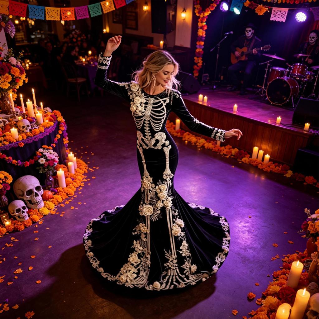 Halloween-Kleid Damen Gothic Vintage Langarm Skelett Rose Grafik Partykleid für Maskenball Rollenspiel-Event