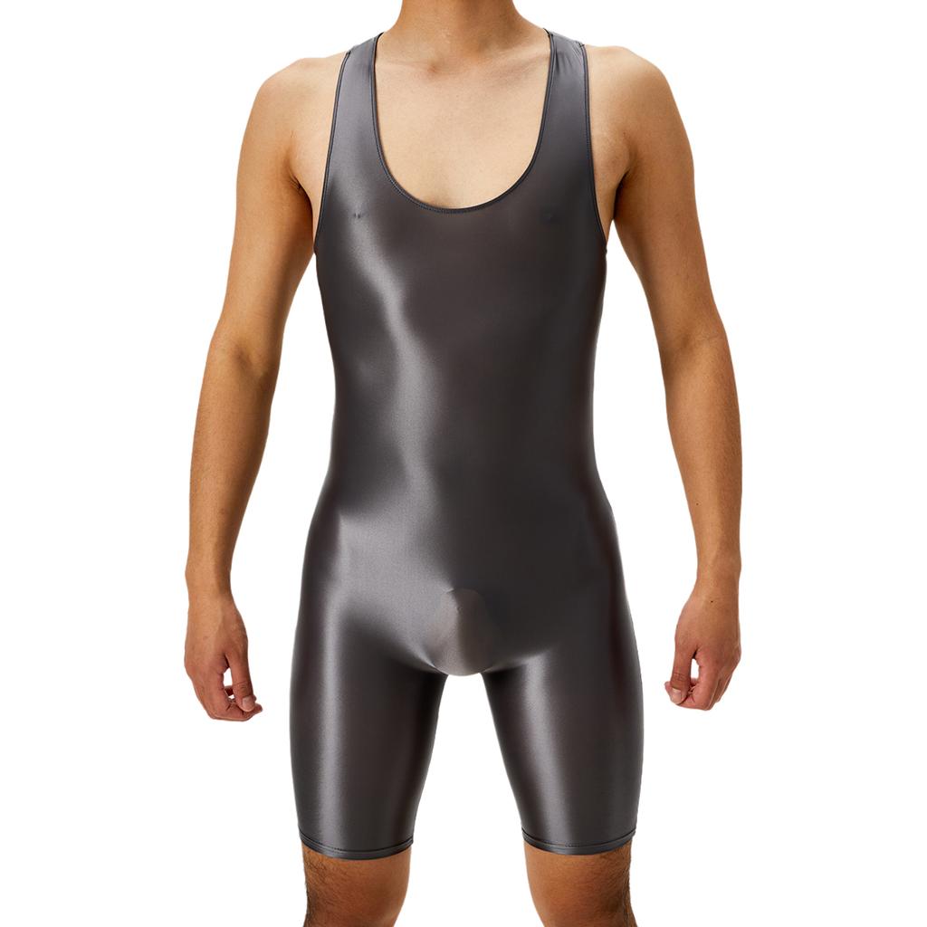 Mens Oil Shiny Wrestling Singlet Scoop Neck Boxer Bottom One Piece Bodysuit Romper for Athletic Sports Competition Gym Training