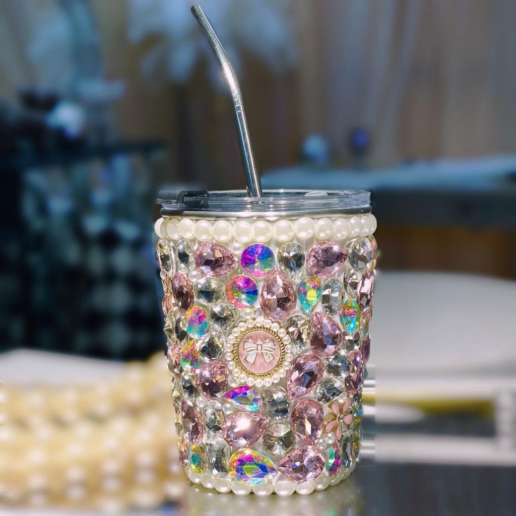 Rhinestone 304 Stainless Steel Straw Cup, 300-500ml Insulated Coffee Mug, Sparkling Diamond Water Bottle for Women