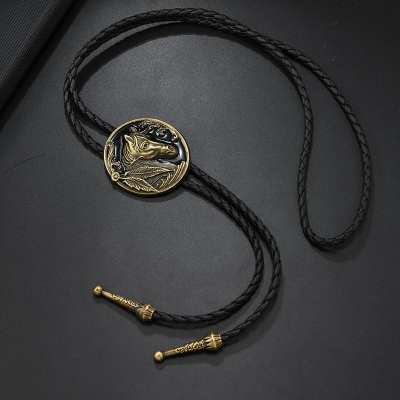 Mens Adjustable Leather Cord Bolo Tie with Enamel Metal Badge Pendant Western Rodeos Outfit Shirt Chain Necktie Necklace