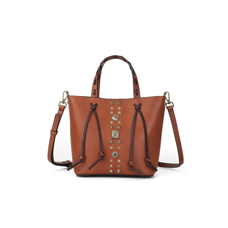 Handbag Genuine Leather Women's Bag Retro Color-blocking Rivet Bucket Bag