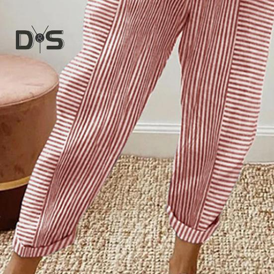 Damen Freizeithose Elastische Taille Mittelhohe Sommer-Jacquard-Lange Hose mit Taschen Streifenmuster Locker sitzende Hose