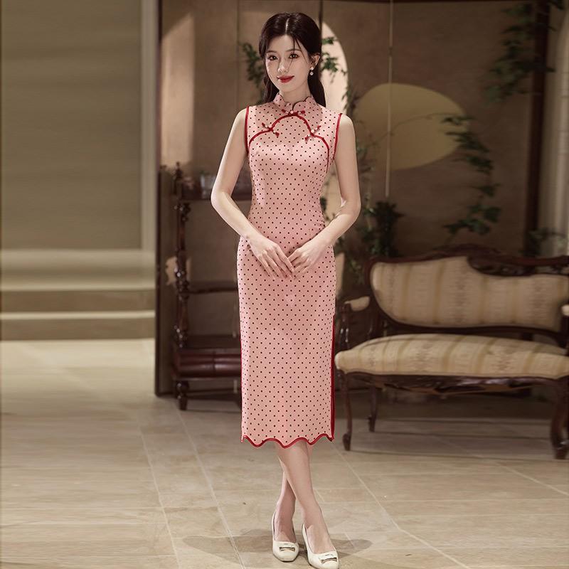 Pink Sleeveless Polka Dot Cheongsam Dress Womens Modern Retro Long Gown Evening Party Vintage Style Small