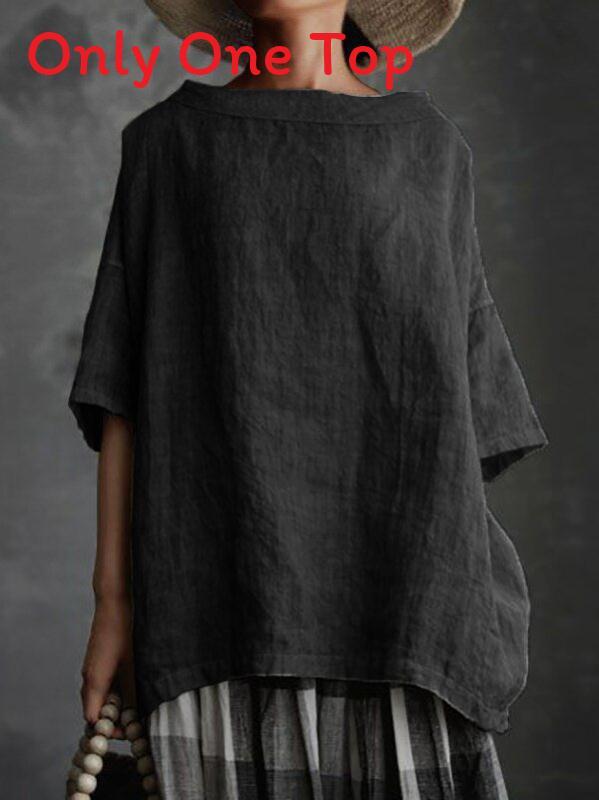 Vintage Art Style Cotton Linen T Shirt With Splicing Details For Casual Wear
