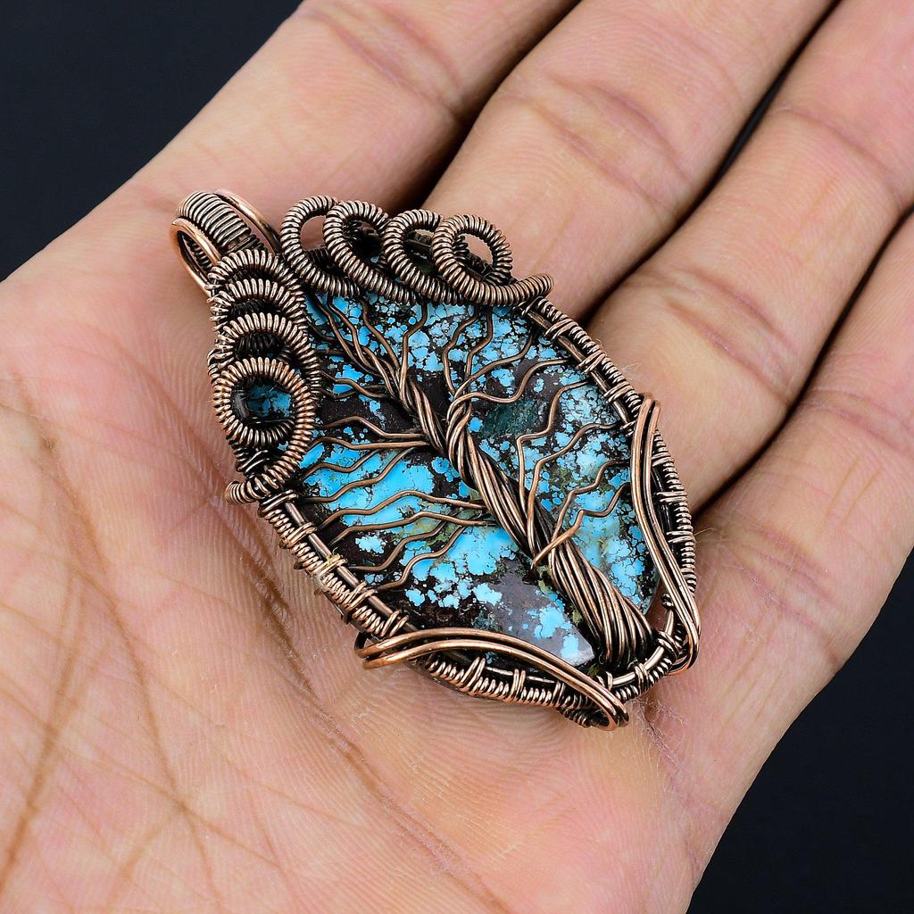 Tibetan Turquoise Pendant, 999 Copper Wire Wrapped Gemstone Jewelry, Handmade Pendant, For Thanksgiving