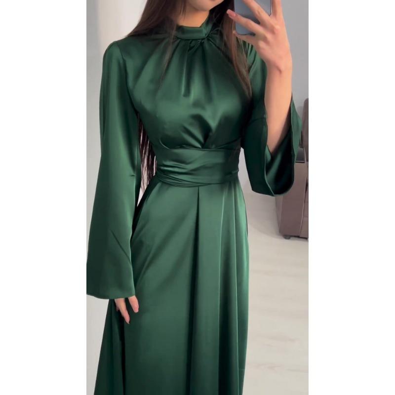 Šaty dlouhé s dlouhým rukávem a zavazováním v pase, jednobarevné