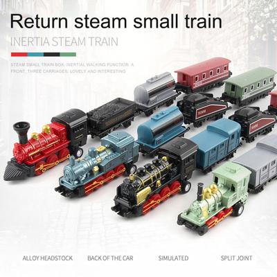 Vintage Steam Train Toy with Locomotive 3 Carriages Pull Back Realistic Mini Kids Retro Die-cast Train Model Ornament Boys Girls Birthday Gift
