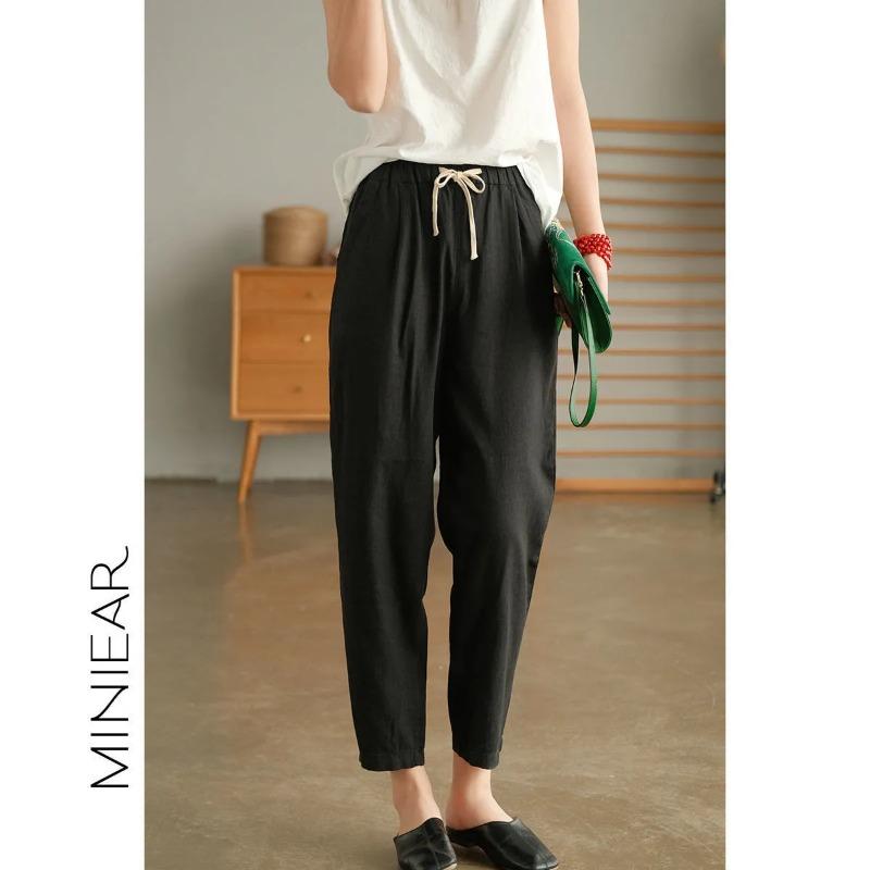 Cotton Linen Retro Carrot Women Summer New Harem Loose Elastic Solid Versatile Casual Nine-point Pants
