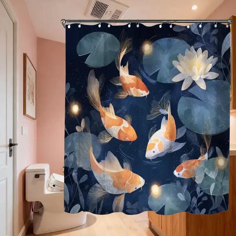 Oriental Koi Pond Shower Curtain – Watercolor Lotus & Goldfish, Serene Night Scene, 12 Hooks, 70.87×70.87" Waterproof Zen Decor