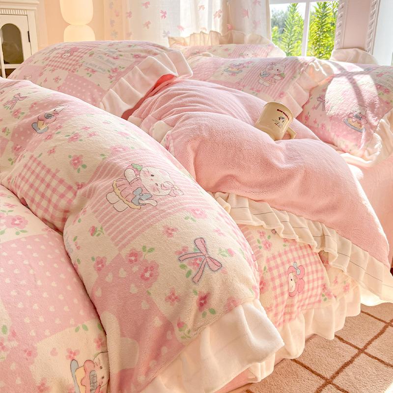 

Thickened Milk Fleece Four-Piece Set, Lace Coral Fleece Quilt Cover, Bedding Fleece Bed Sheet Three-Piece Set 0.9M sheet 3pc, quilt cover 1.5 * 2.0m