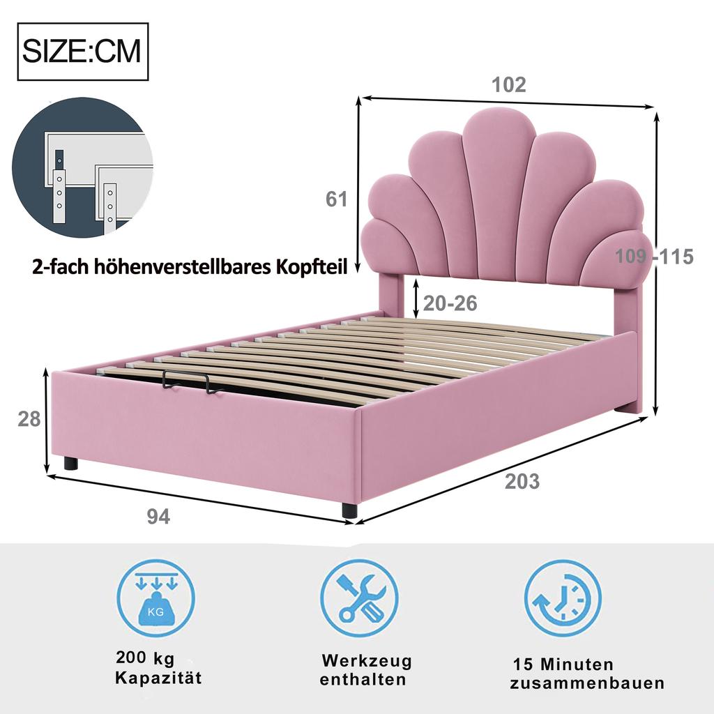 Upholstered Children's Bed 90 x 200 cm, with Floral Headboard and Slatted Frame, with Height-Adjustable and Hydraulic Storage, Velvet Fabric, Pink
