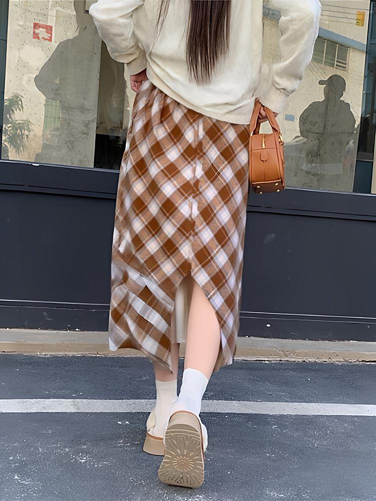 2025 Winter Plus Size Retro Plaid Midi Skirt - Thick Wool for 130-320 Jin