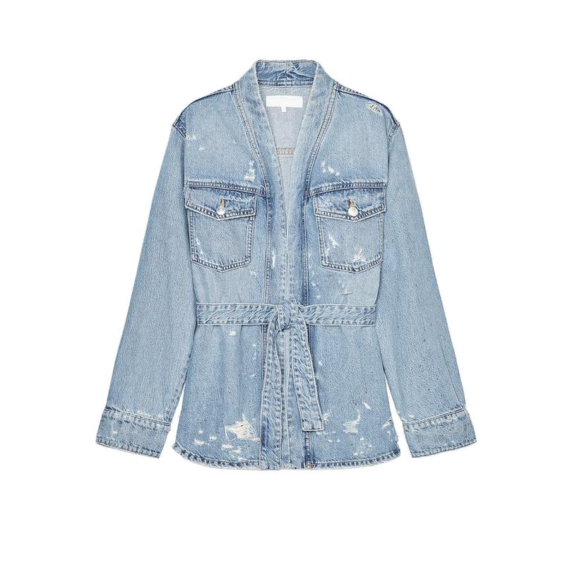 

Women s Spring Clothing Bowknot Decoration Belt Open Collar Long Sleeves Perforated Hole Decoration Denim Shirt Jacket 8197076 Light Blue L