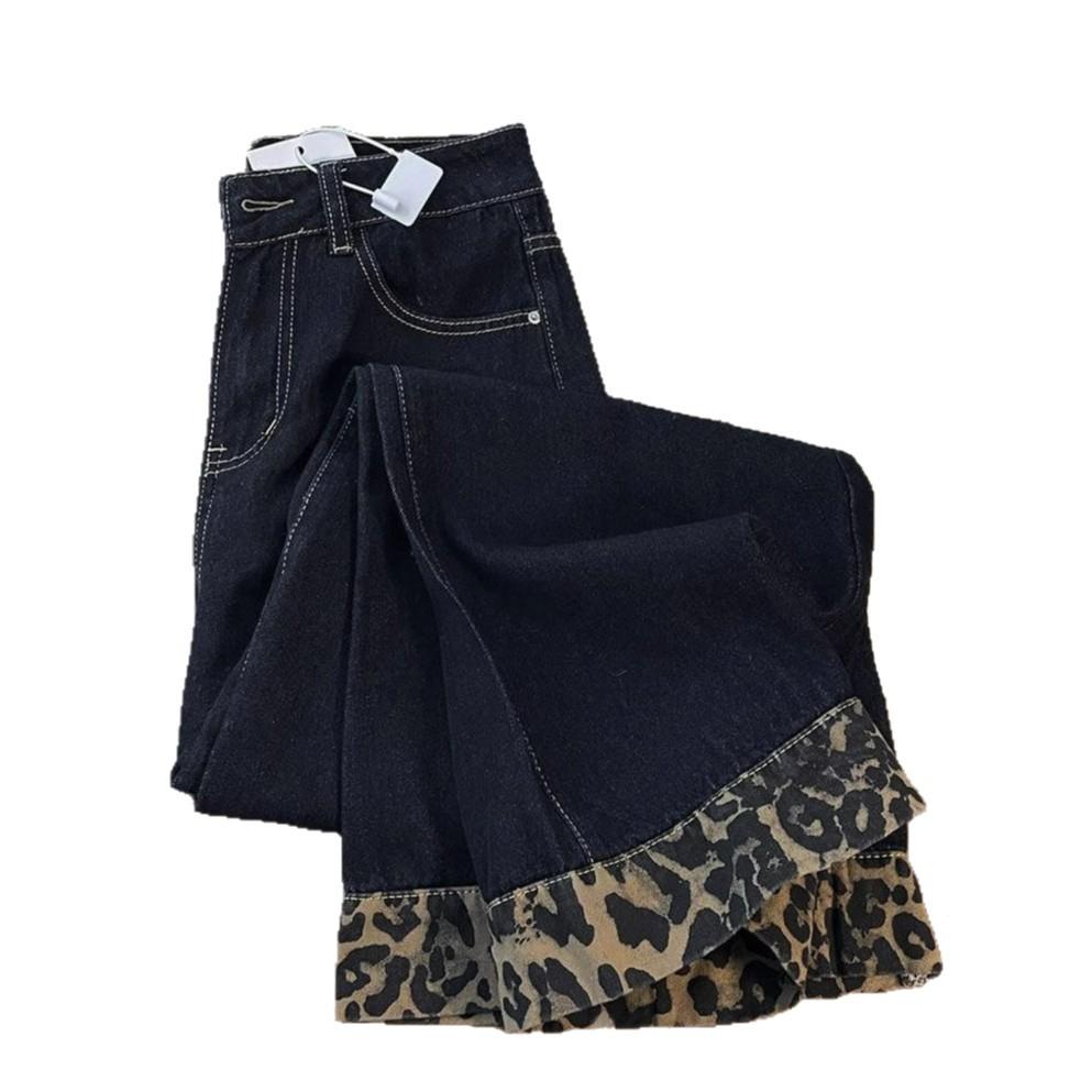 Leopard Splicing Jeans Women Spring and Autumn Big Yards High-waisted Loose Skinny Design Sense Straight Towing Trousers Tide Long Denim Pants