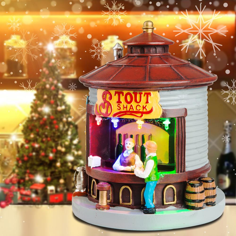 LED Christmas Village Collection Accessory Figurines, Stout Shack Lit House, Illuminated Xmas Market Scene Decorations for Home