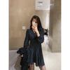 Robe Chiffon à Pois V-Neck pour Femme - Manches Longues, Épaules Bouffantes, Jupe Courte Coupe A Automne, Élégance Cintrée à la Taille