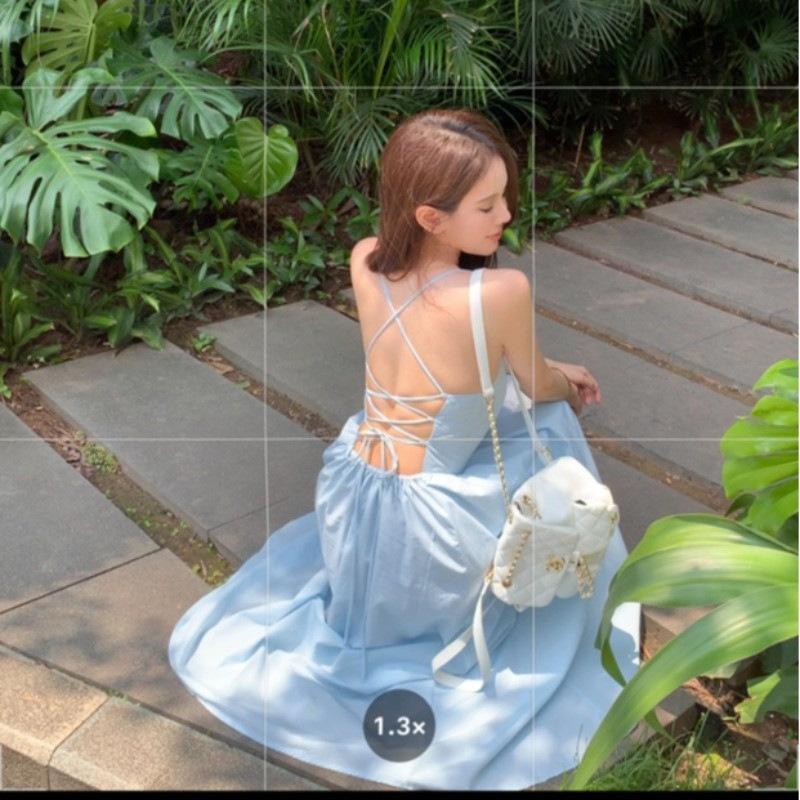 Seaside beach vacation dopamine suspender dress women's summer one-word shoulder waist halter skirt strap a-word skirt