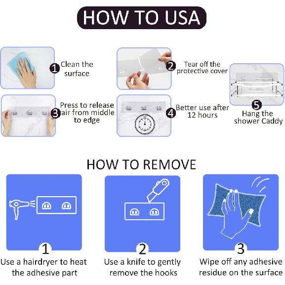16-Pack Shower Caddy Adhesive Replacement, Transparent Adhesive Hooks Stickers, Strong Hook Strip for Shower Caddy Basket Shelf, Soap Holder,