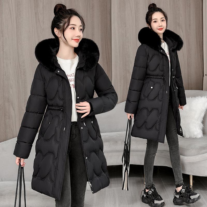 Lightweight fluffy hooded fur collar to keep warm against the cold loose mid-length high quality fabric jacket cotton coat coat