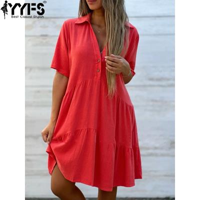 Vestidos casuales de cintura holgada con cuello tipo polo y manga corta con estampado de colores sólidos para verano y primavera para mujer