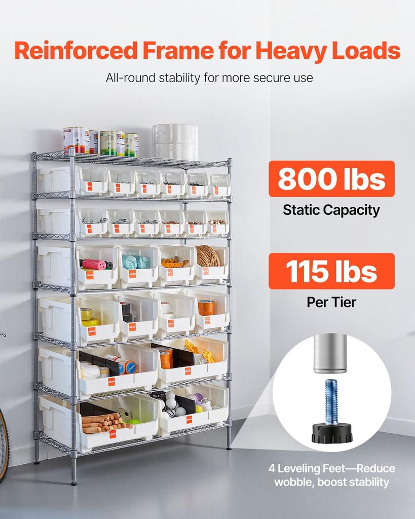 7-Tier Rolling Bin Storage Rack, 24 Organizer Bins, Bin Rack Storage Steel Wire Shelving System with Wheels, Mobile Tool Organizer for Garage,