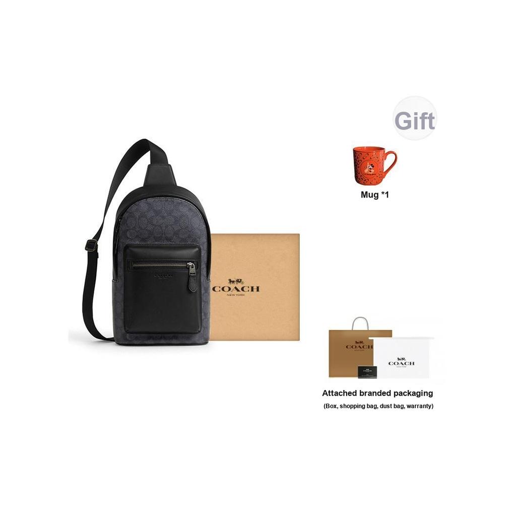 Coach West Pack 20 Metal Logo Zipper Closure Coated Canvas Crossbody Chest Bag Small Men Bags Charcoal Black CV924-QBMI5